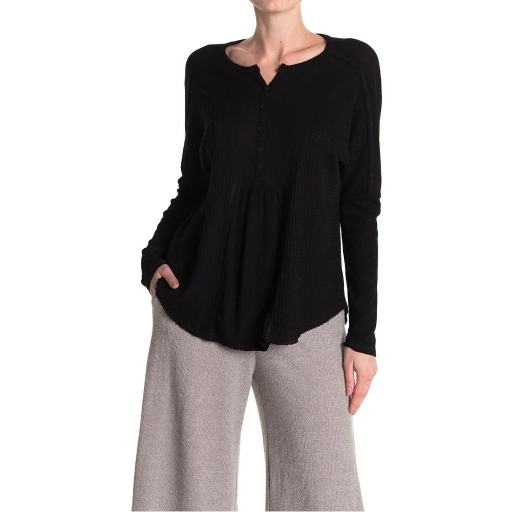 Gibson Look Mixed Rib Waffle Knit Henley Black Top Boho Bib Loose Soft S Stretch